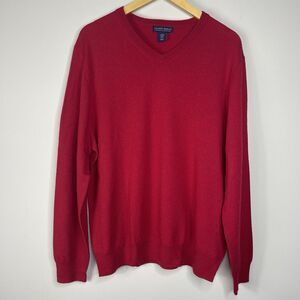 ALLEN SOLLY Mens 100% MERINO WOOL Size XL V-Neck Red Sweater Holiday Minimalist